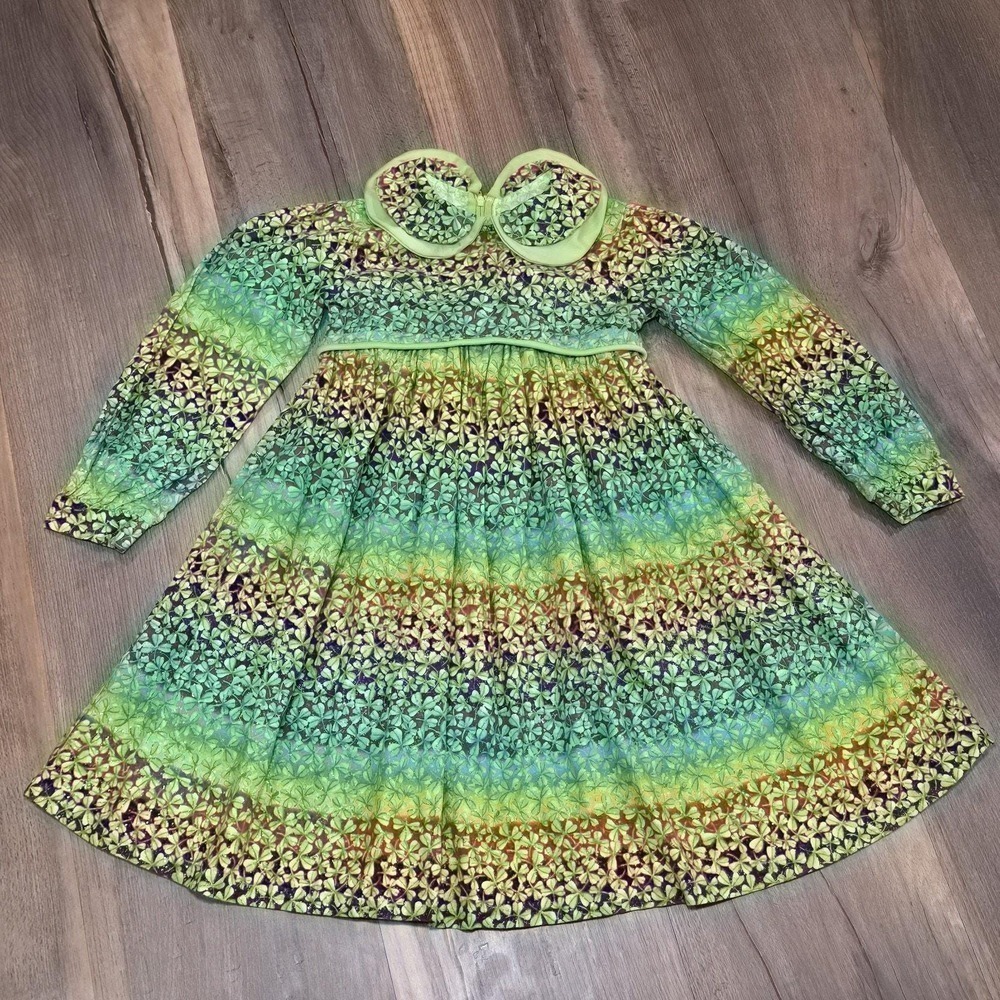 Handmade Rainbow Green‎ Shamrock Long Sleeve St Patrick's Day Dress Girls 6 7 8*